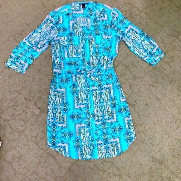 Victoria Secret S/P Turquoise Button-down Silky Retro Print Mini Dress Summer - Picture 10 of 11